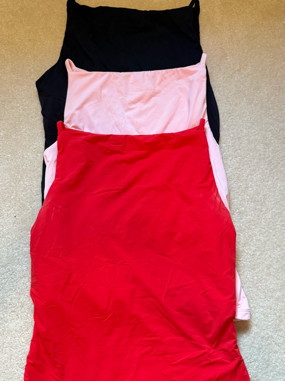 Set of Three Simple Slip Tops in Red, Pink, and Black